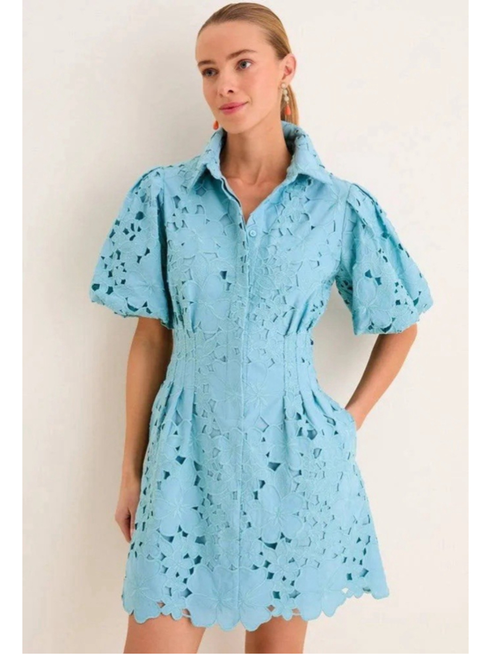 Tuckernuck Cameo Blue Collar Eyelet Mini Delaney Dress L Puff Sleeves Scallop